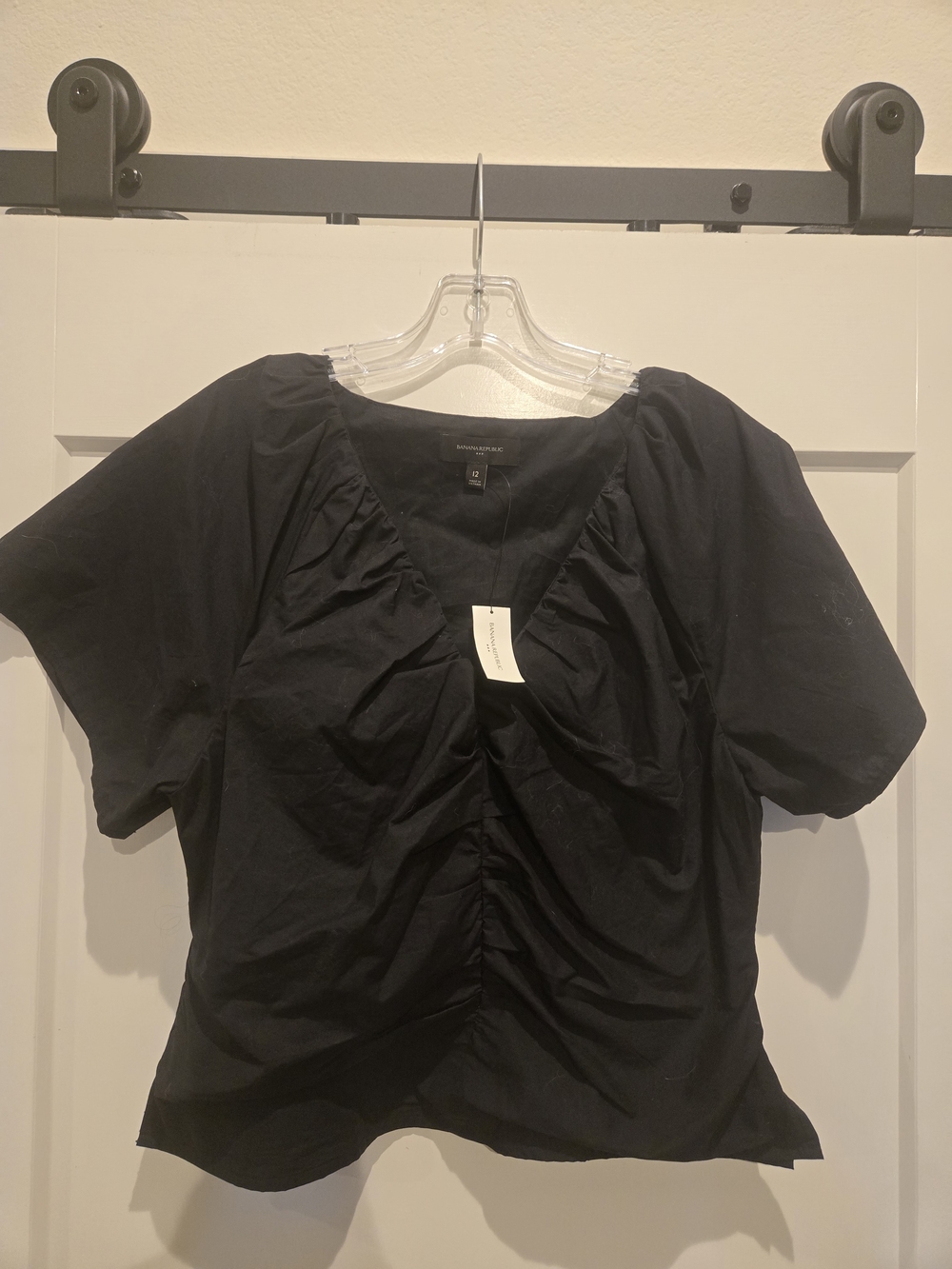 Banana Republic Black Ruched V-Neck Puff Sleeve Blouse